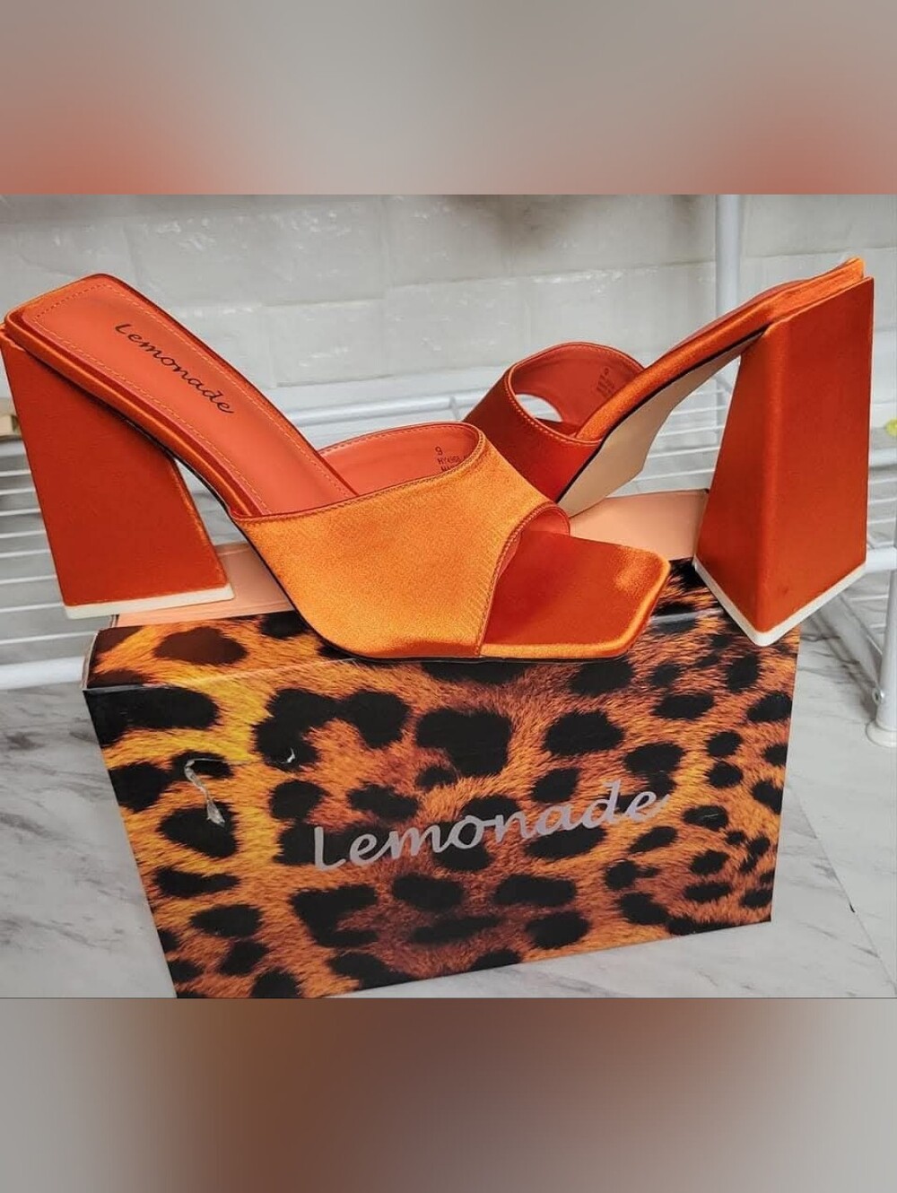 Lemonade Orange Satin Block-Heel Square-Toe Mules